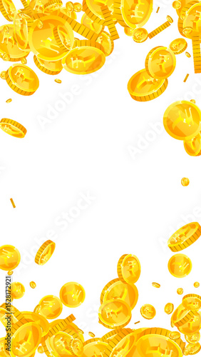 Indian rupee coins falling. Scattered gold INR