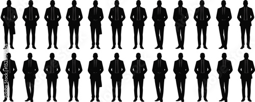 Silhouette of Businessmen Standing in Rows, Corporate Team Unity Concept, Formal Attire Vector Illustration for Business and Office Design