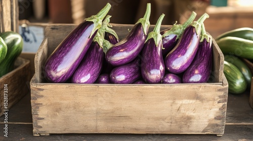 Purple eggplants, in a vintage market crate, rustic outdoor setting generative ai