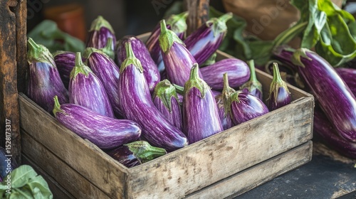 Purple eggplants, in a vintage market crate, rustic outdoor setting generative ai
