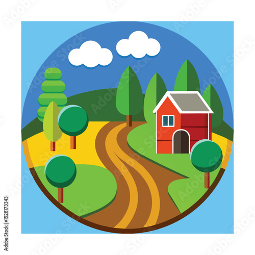 Minimalist Countryside Scene with Red House and Dirt Path

