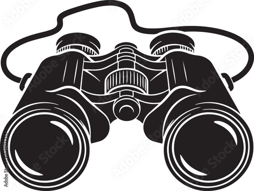  Binoculars vector illustration. Black and white graphic icon of field glasses for observation and exploration. Isolated on a white background, a symbol of travel, search, and discovery