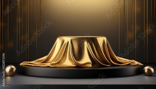 empty black podium covered with gold cloth for cosmetic product display showcase 3d render