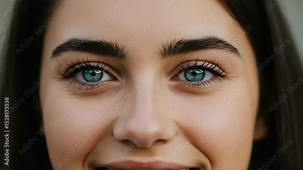 Close-up Portrait of a Smiling Brunette Woman with Bright Blue Eyes and Perfect Skin Close-up Portrait of a Smiling Brunette Woman with Bright Blue Eyes and Perfect Skin