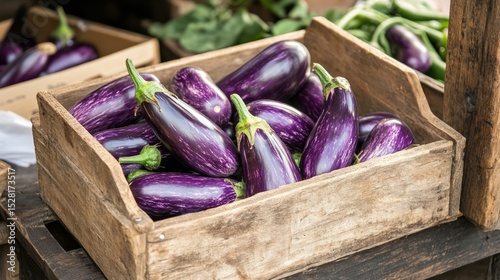 Purple eggplants, in a vintage market crate, rustic outdoor setting generative ai