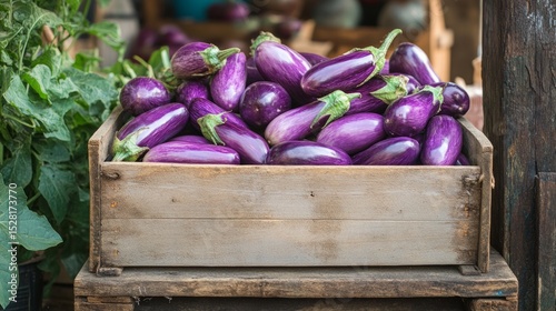 Purple eggplants, in a vintage market crate, rustic outdoor setting generative ai