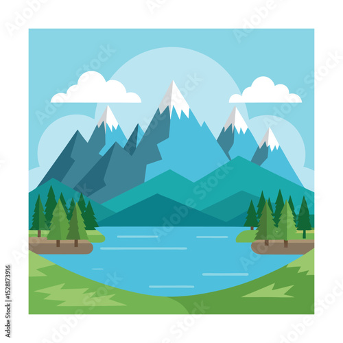 Rolling forest hills with river in flat vector design