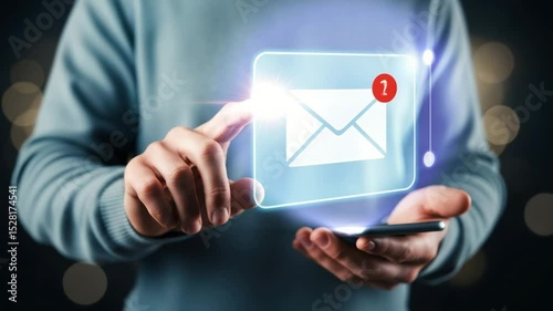 Person touching email icon with notification on transparent screen holding smartphone device
