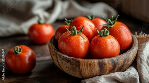Red tomatoes, in a rustic wooden bowl, rustic atmosphere generative ai