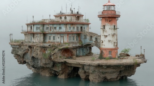 A weathered lighthouse and building perch atop a rocky island in the ocean.