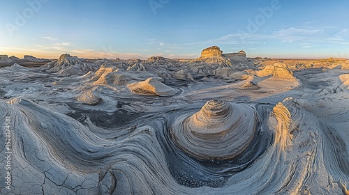 Dramatic sculpted landscape of eroded earth formations.