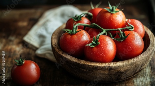 Red tomatoes, in a rustic wooden bowl, rustic atmosphere generative ai