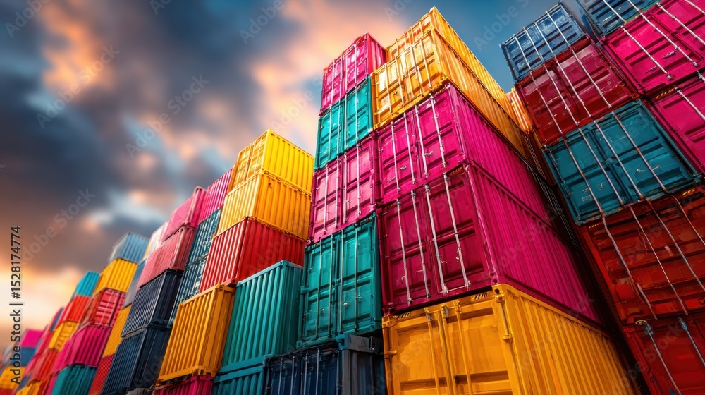 Fototapeta premium Stacked colorful shipping containers await transport under dramatic sky.