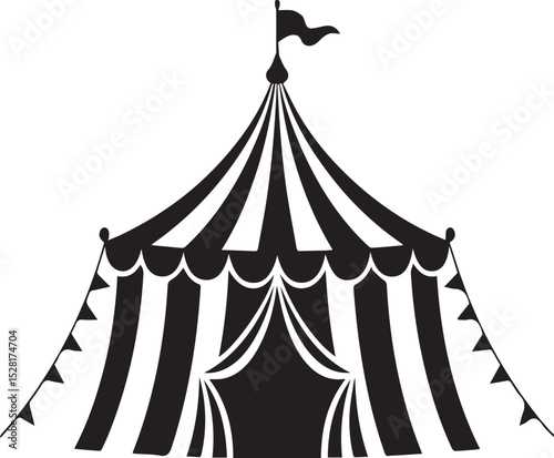 Vintage Circus Tent Silhouette Illustration Black and White Big Top with Flags and Drapes