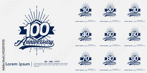 Set of 10-100th years anniversary celebration emblem. congratulations anniversary calligraphy isolated with laurel sunburst and ribbon on white background. vector illustration template design