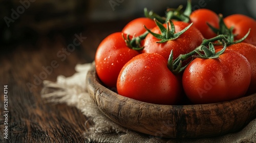 Red tomatoes, in a rustic wooden bowl, rustic atmosphere generative ai