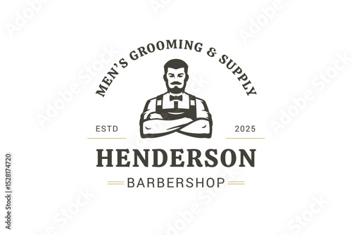 Elegant black and white logo featuring a mustachioed man with crossed arms, vintage style, and text elements for mens grooming services. Vector illustration