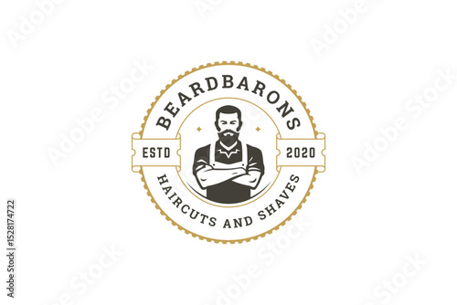Elegant vintage logo featuring a confident male barber with a beard, crossed arms, and a classic barbershop theme. Includes text elements and a circular emblem. Vector illustration