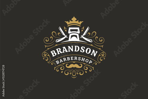 Stylish vintage barbershop logo featuring a crown, scissors, razor, and mustache in a retro design. Ideal for grooming services, hairdressing, and fashion-oriented businesses. Vector illustration
