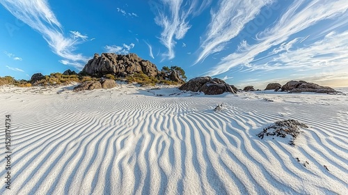 White sand beach with rippled patterns and a dramatic sky.