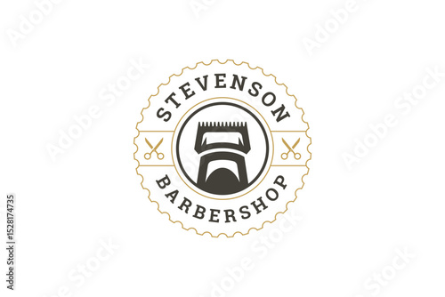 Stylish vintage barbershop logo featuring scissors, razor, and grooming elements within a circular emblem. Perfect for branding and marketing. Vector illustration