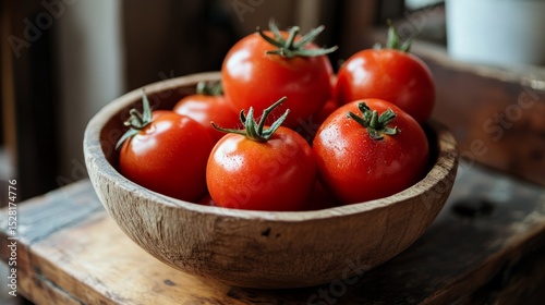 Red tomatoes, in a rustic wooden bowl, rustic atmosphere generative ai