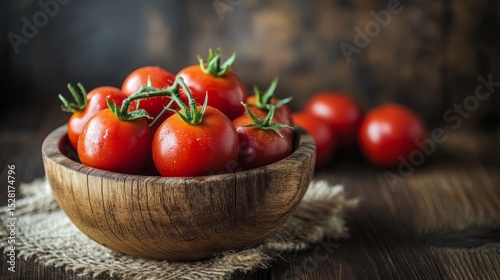 Red tomatoes, in a rustic wooden bowl, rustic atmosphere generative ai