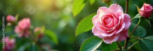 Delicate pink rose blossoms framed by lush green leaves , elegance, element