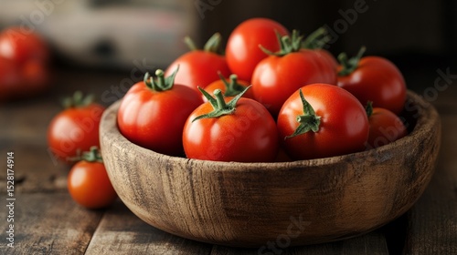 Red tomatoes, in a rustic wooden bowl, rustic atmosphere generative ai