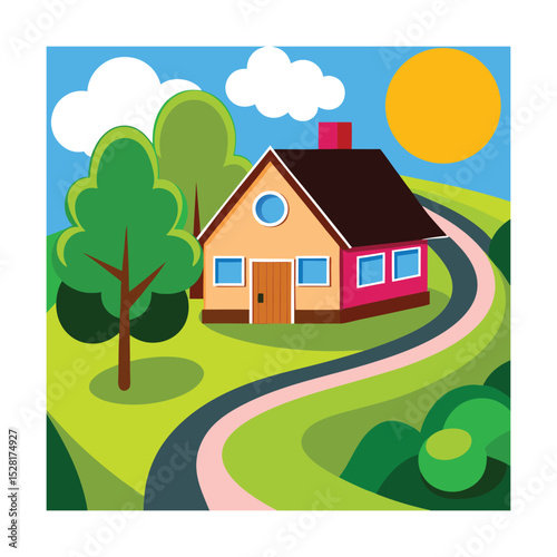 Colorful Cartoon House Landscape with Curved Path and Trees


