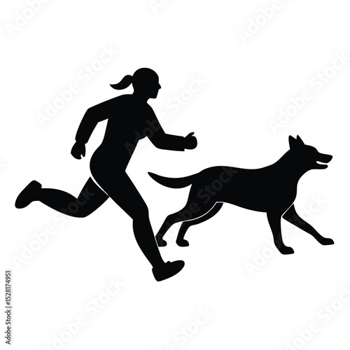 Woman jogging with her dog, black silhouette illustration