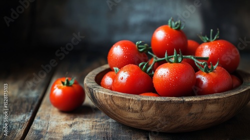 Red tomatoes, in a rustic wooden bowl, rustic atmosphere generative ai