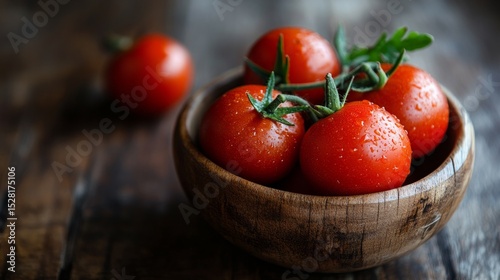 Red tomatoes, in a rustic wooden bowl, rustic atmosphere generative ai