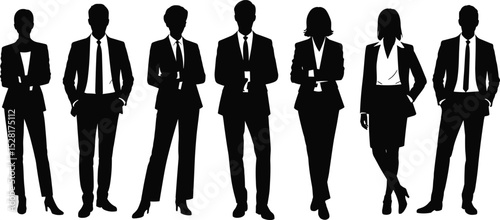 Silhouettes of Business Men and Women in Formal Attire, Professional Team, Vector Illustration for Corporate Office, Leadership, Unity