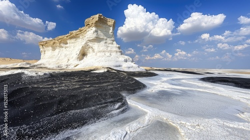Striking white and black rock formations in a desert landscape.
