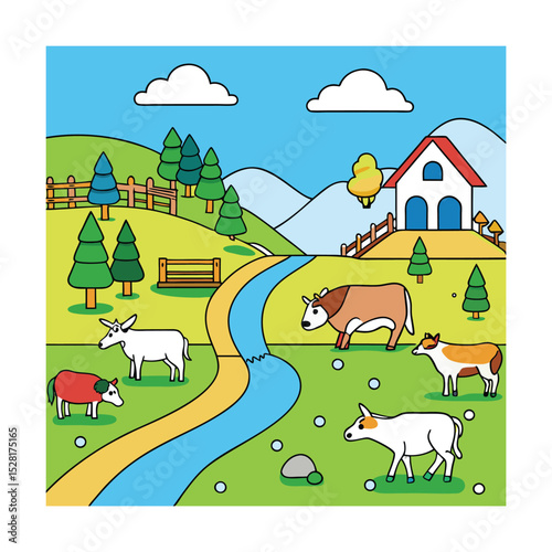Rural scene with grazing animals and stream in flat style