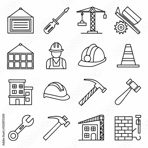Line icon about construction. Contains icons such as architecture, workers, materials, equipment, and construction vehicles