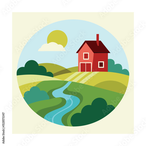 Minimal Countryside Landscape with Red House, River, and Hills

