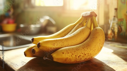 Ripe bananas, on a vintage wooden counter, kitchen sunlight generative ai