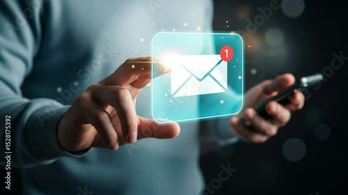 Person holding phone with email notification icon displayed on the screen in the foreground