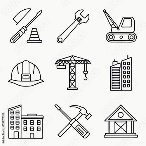 Line icon about construction. Contains icons such as architecture, workers, materials, equipment, and construction vehicles