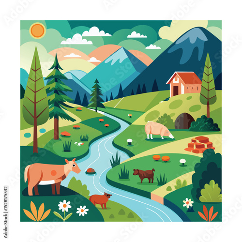 Rural scene with grazing animals and stream in flat style