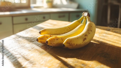 Ripe bananas, on a vintage wooden counter, kitchen sunlight generative ai