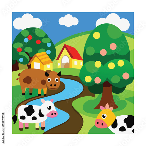 Rural scene with grazing animals and stream in flat style