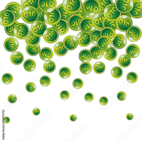Vitamin Q10 round capsules scattered randomly.