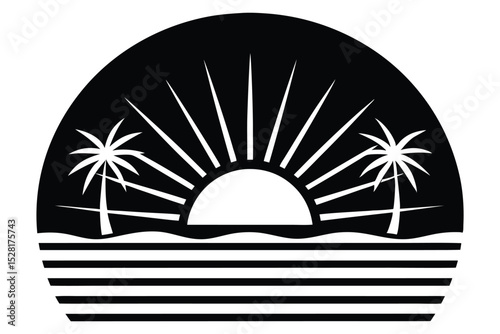 Tropical Sunset Palm Trees, Ocean, and Sun Rays Illustration