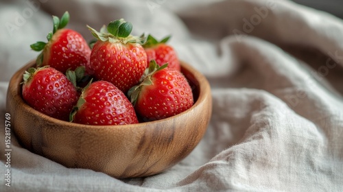 Strawberries, in a hand-carved wooden bowl, generative ai