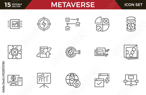Metaverse line icon set. virtual reality, modern technologies, gadgets. Futuristic world, intelligence, technology, innovation, digital line icon set. UI thin line icon pack.