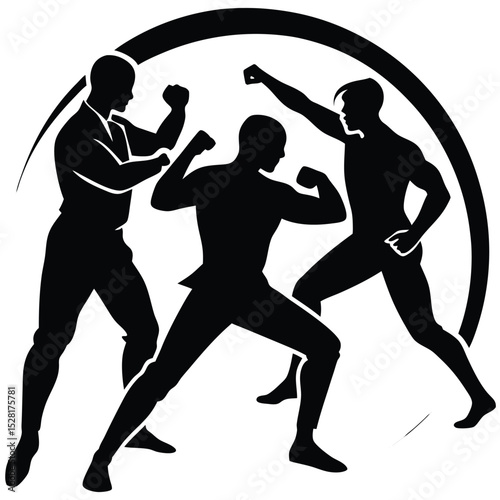 Three martial artists in dynamic action poses, demonstrating fighting techniques and stances