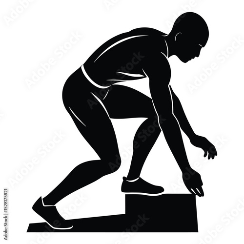 Silhouette of a male athlete in starting position, poised for a powerful jump or sprint.